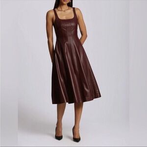 Avec Le Filles Vegan Faux Leather Square Neck Fit & Flare Raisin Dress L NEW